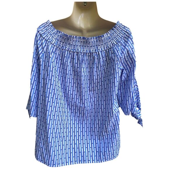Chic Bardot Blouse Blue White Stripe Off Shoulder Smocked Tie Sleeve Top S - Picture 3 of 16